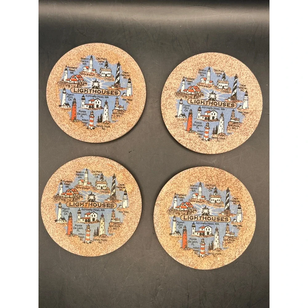 Lighthouses Cork Coasters Set of‎ 4 Coastal Decor Style Souvenir Nautical Vtg